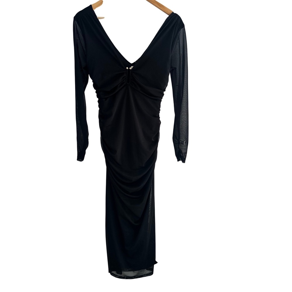 Anthropologie Black Mesh Ruched Long Sleeve V-Neck Midi Dress NWT Size Small